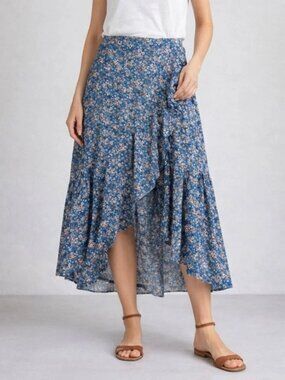 Skirt 4X Maxi Hi Lo Blue Floral Ruffle Faux Wrap Tiered Flowy Plus Size Boho New
